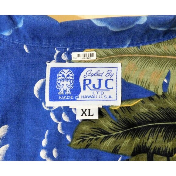 Vintage RJC Hawaiian Shirt XL Blue Surf Woody Car Beach Scene Short Slv Cotton - Picture 7 of 8